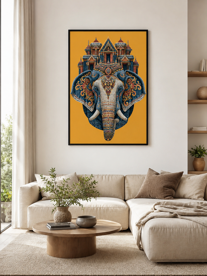Ornate Elephant Wall Art - Wall Art Decor - detail view - saffron elephant decor, asian elephant art