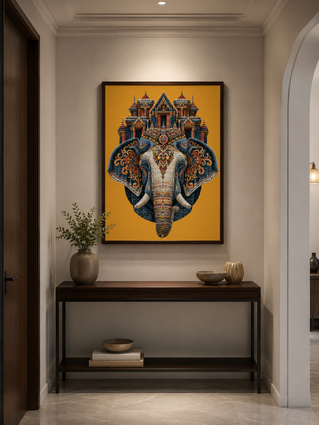 Ornate Elephant Wall Art - Wall Art Decor - close-up - saffron elephant decor, asian elephant art