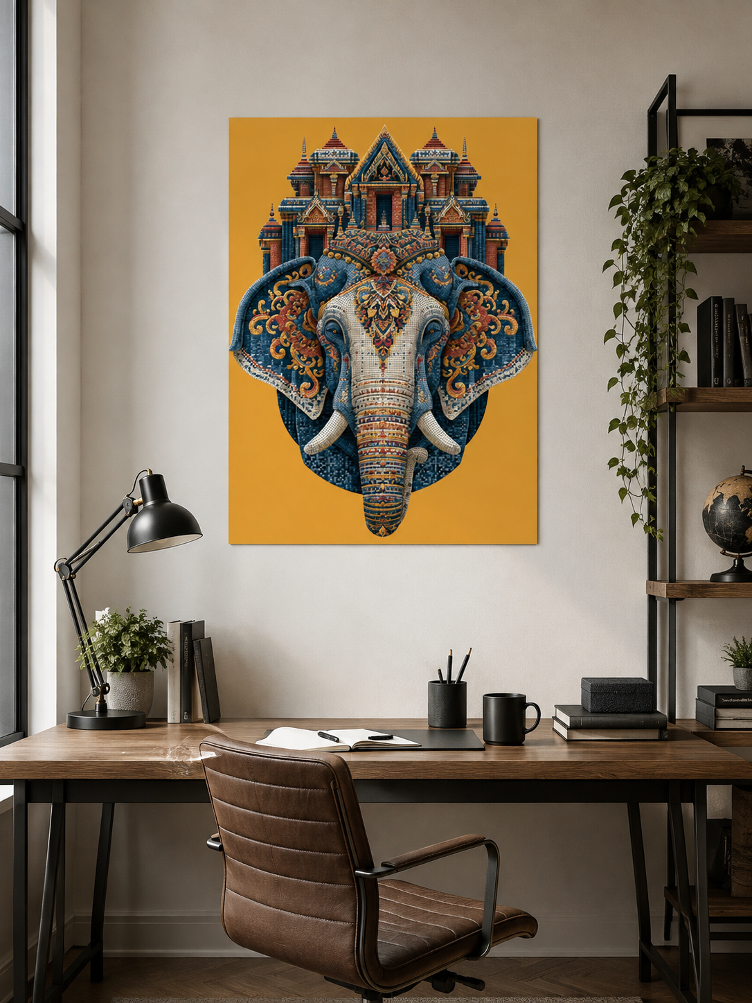 Ornate Elephant Wall Art - Wall Art Decor - alternate angle - saffron elephant decor, asian elephant art