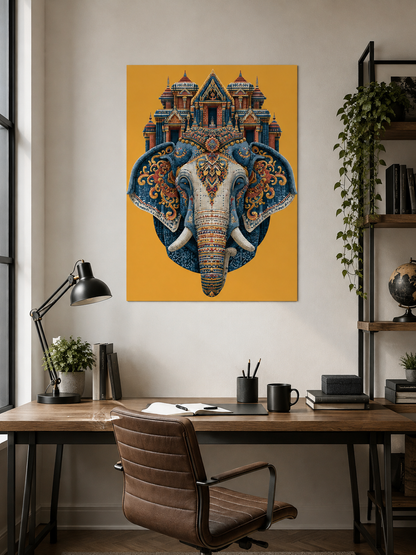 Ornate Elephant Wall Art - Wall Art Decor - alternate angle - saffron elephant decor, asian elephant art