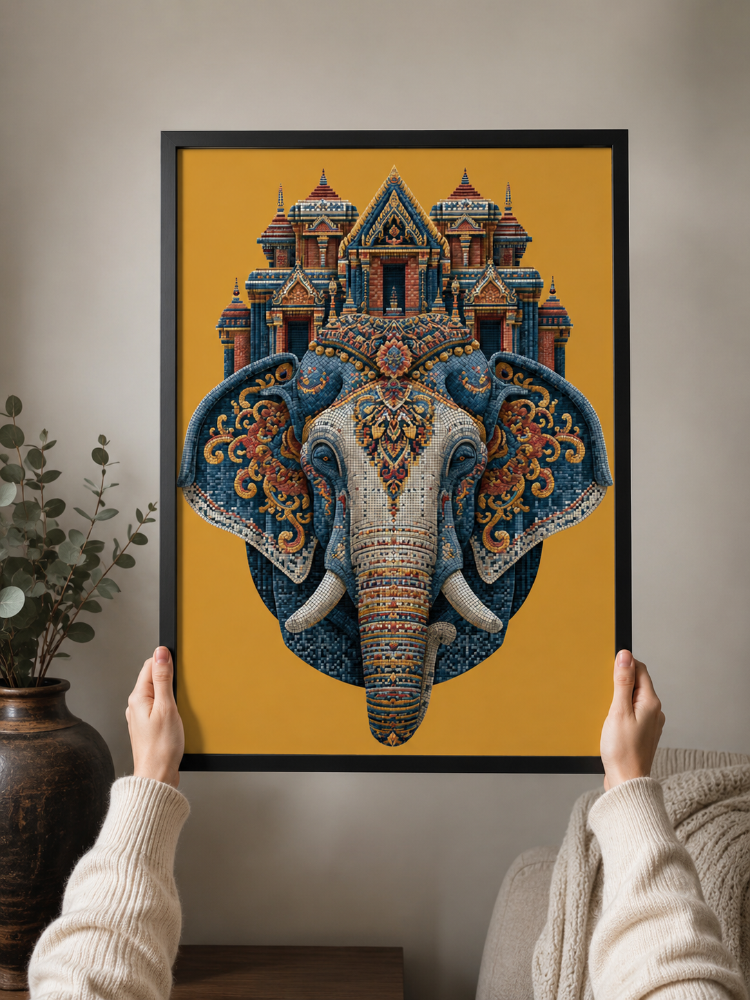 Ornate Elephant Wall Art - Wall Art Decor - front view - saffron elephant decor, asian elephant art