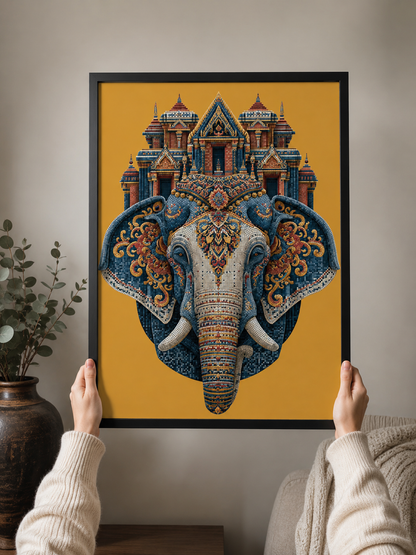 Ornate Elephant Wall Art - Wall Art Decor - front view - saffron elephant decor, asian elephant art