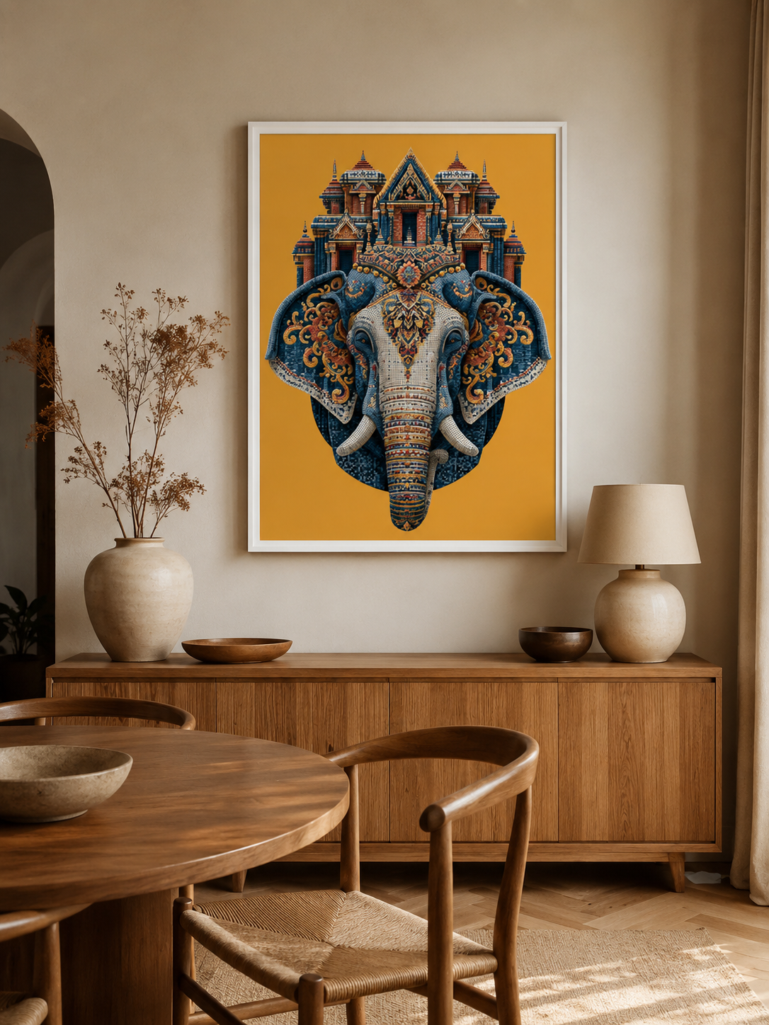 Ornate Elephant Wall Art - Wall Art Decor - lifestyle shot - saffron elephant decor, asian elephant art