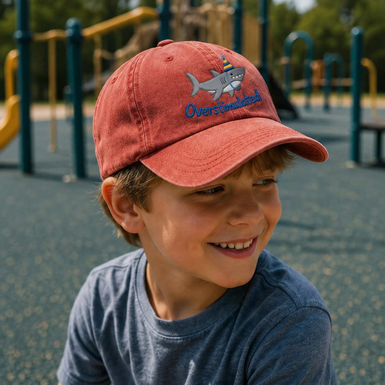 Child wearing a red cap with a shark design and 'Overtired' text at a playground.
