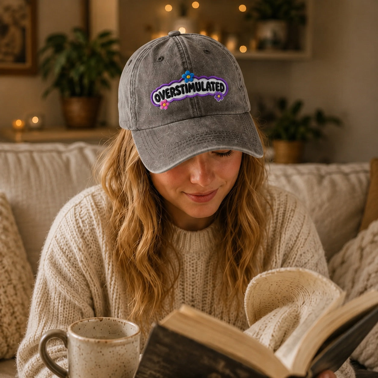 Woman reading a book and holding a mug, wearing an 'Overstimulated' cap in a cozy indoor setting.