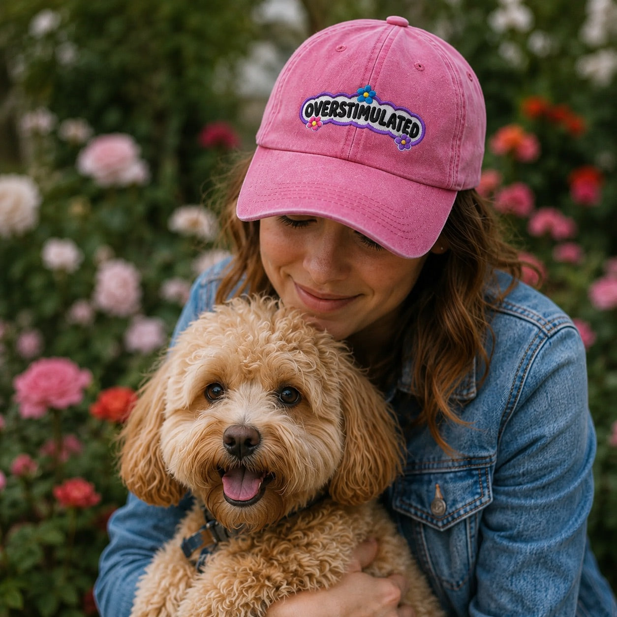 Woman wearing a pink 'Overstimulated' cap with a dog in front of flowers