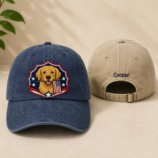Patriotic Golden Retriever Embroidered Washed Cap - Washed Cap - front view