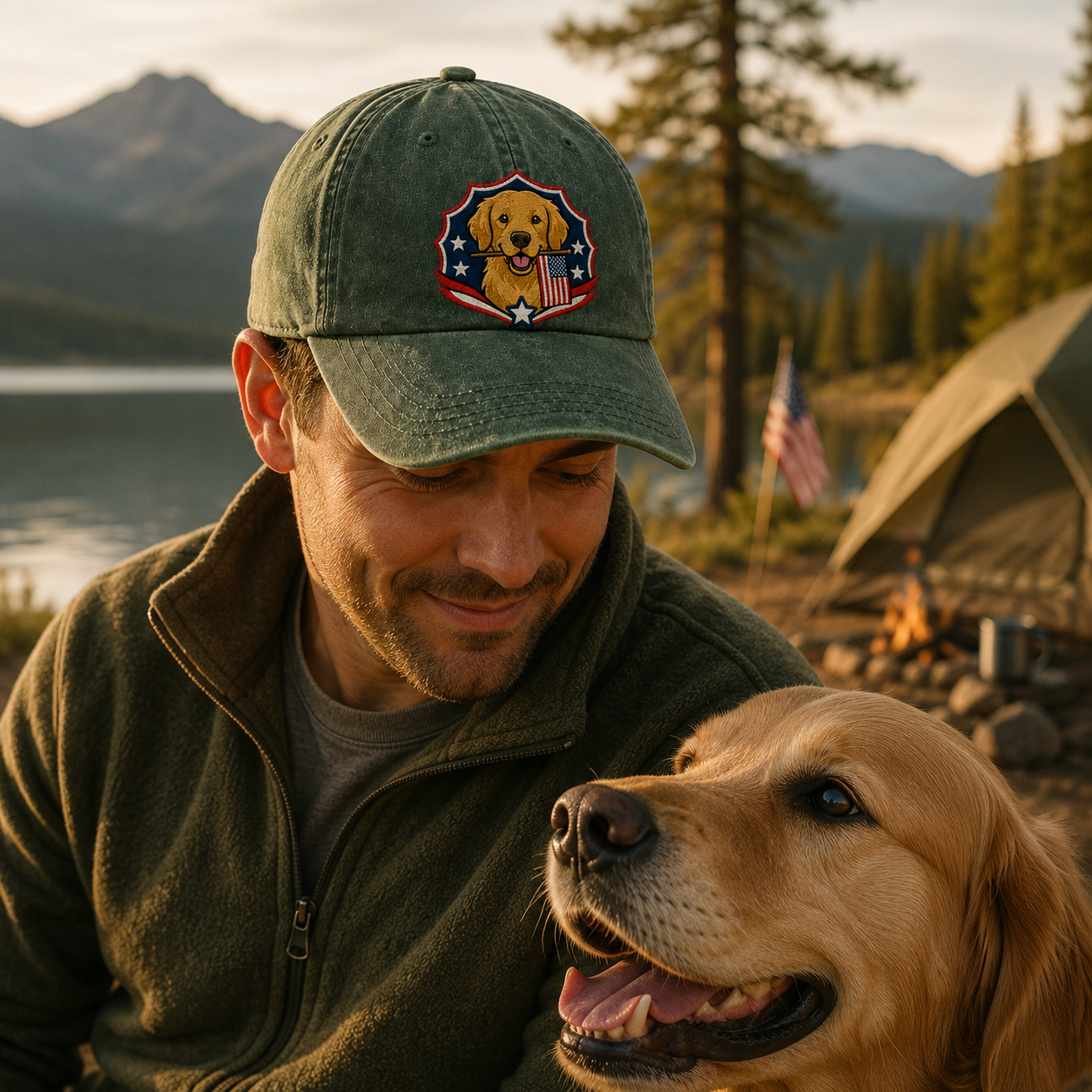 Patriotic Golden Retriever Embroidered Washed Cap - Washed Cap - lifestyle