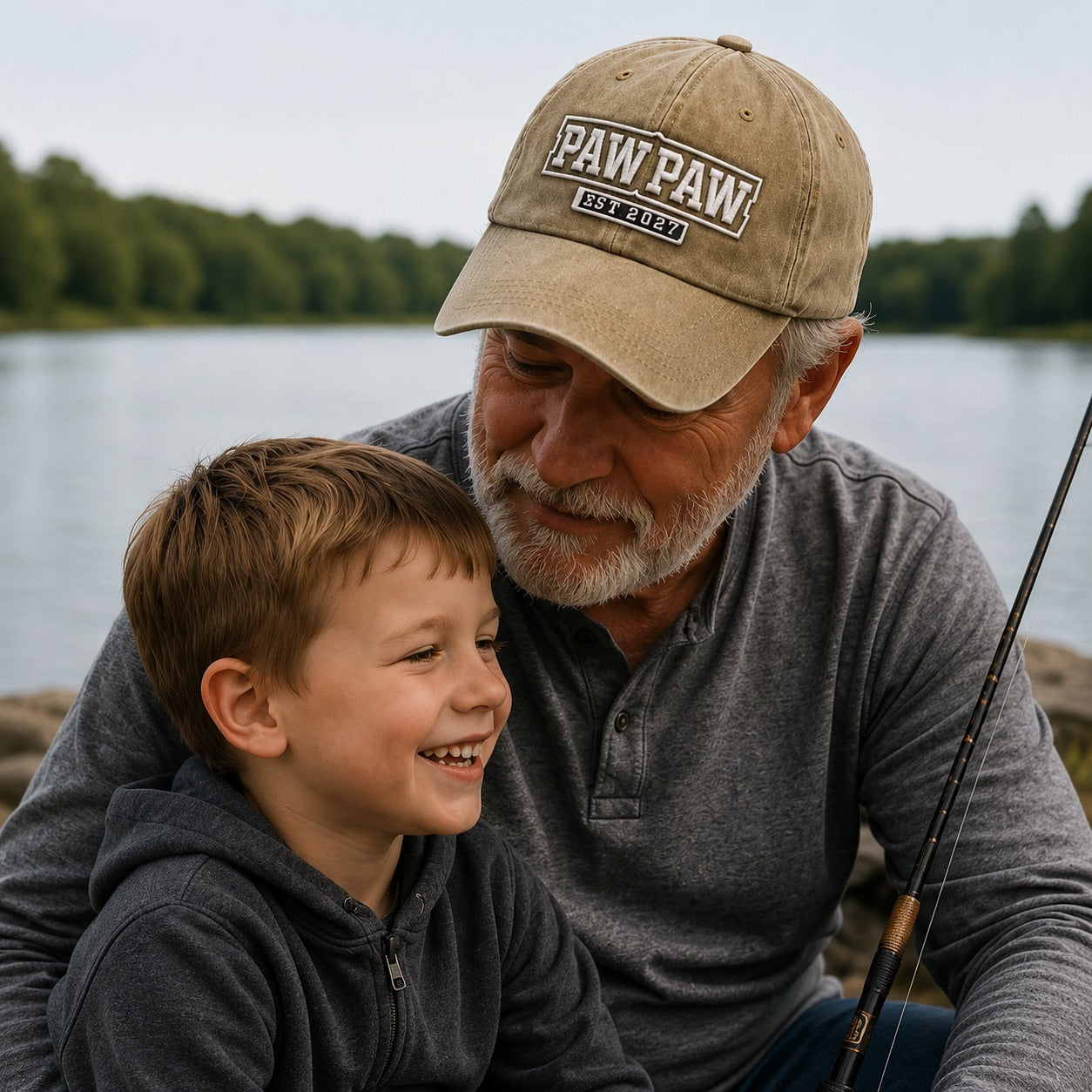 Man and young boy sitting by a lake, both wearing gray shirts and brown hats with 'Paw Paw' branding.