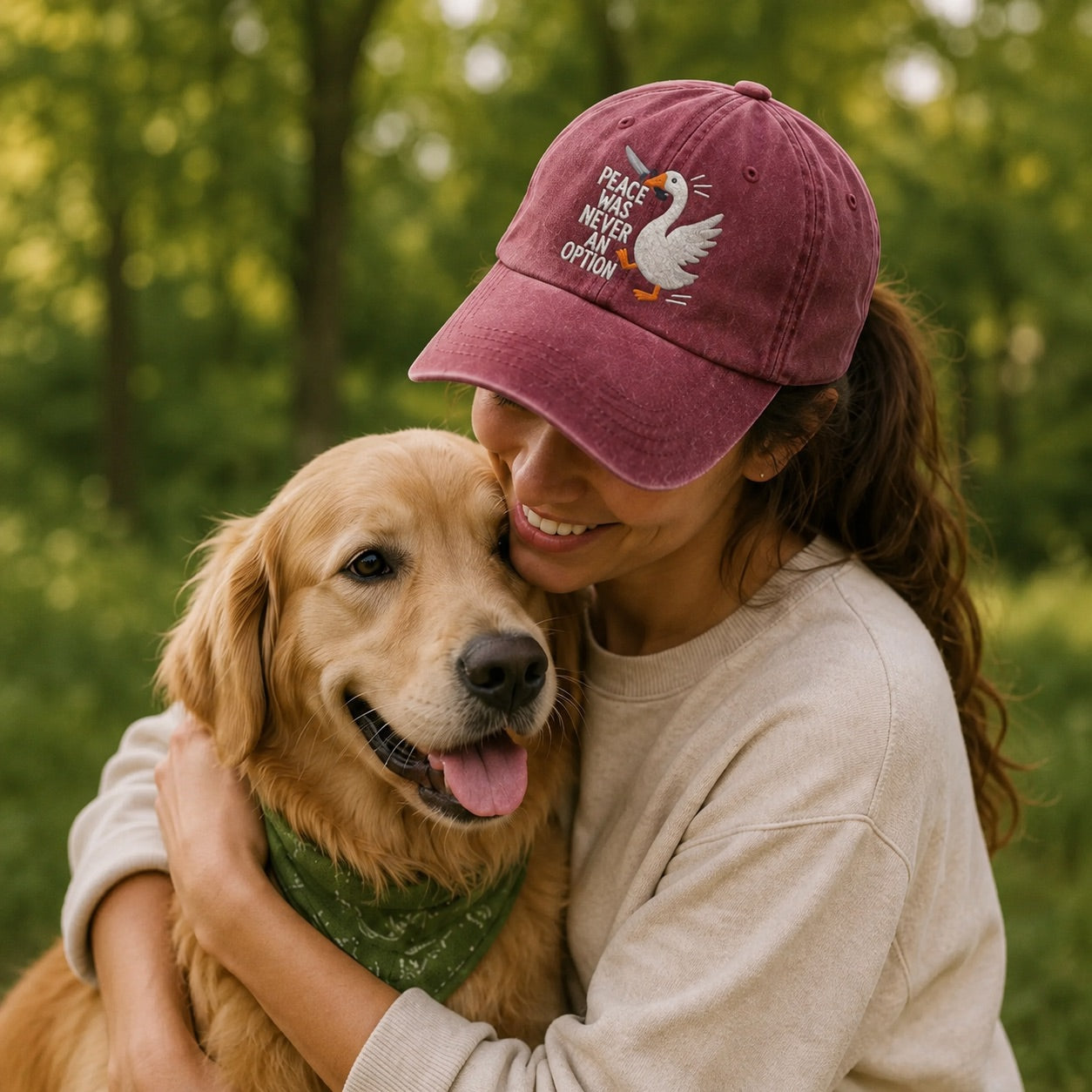 Woman wearing a maroon cap with a dog in a park