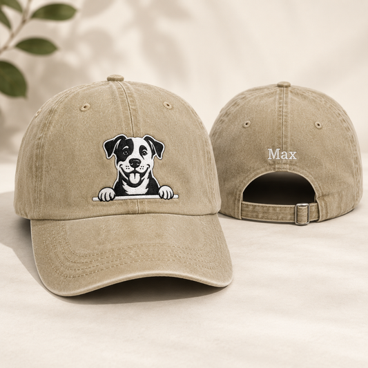 Peeking Dog Embroidered Washed Cap - Washed Cap - front view