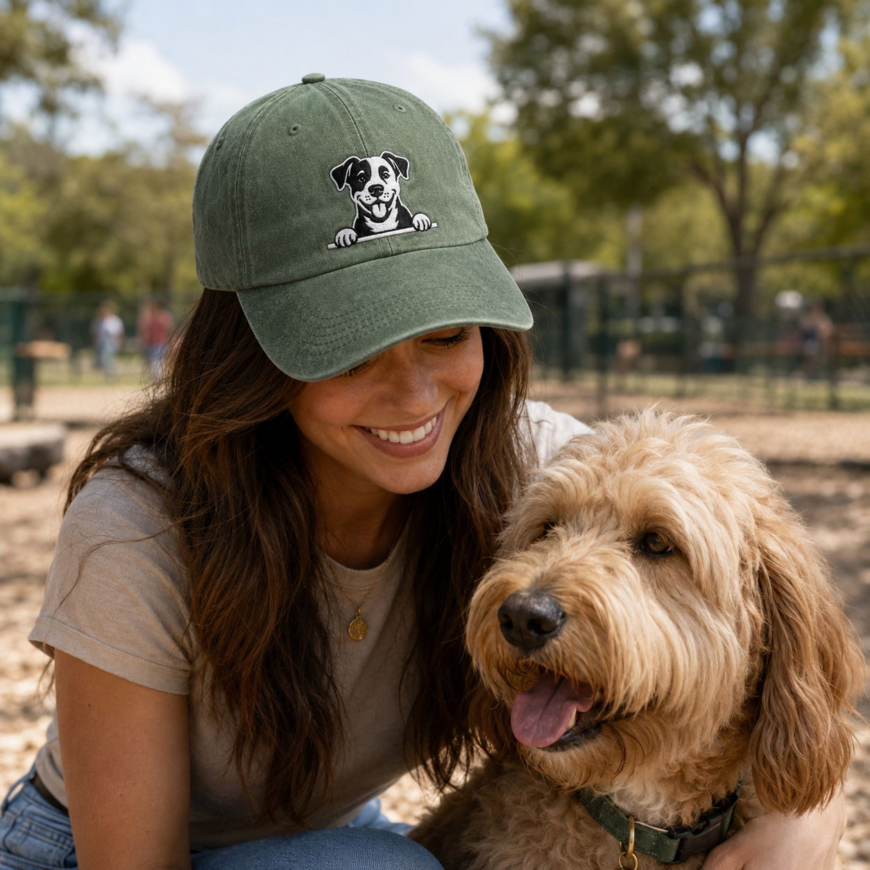 Peeking Dog Embroidered Washed Cap - Washed Cap - side view