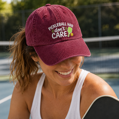 Pickleball Hair Don't Care Embroidered Washed Cap - Washed Cap - side view