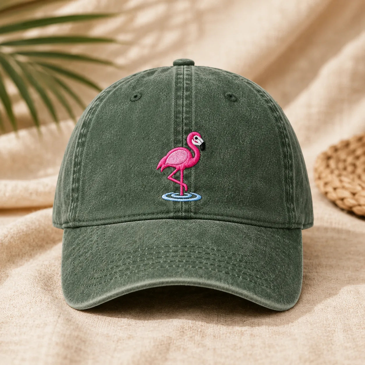 Pink Flamingo Embroidered Washed Cotton Cap - washed cap - alternate angle