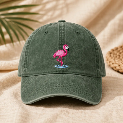 Pink Flamingo Embroidered Washed Cotton Cap - washed cap - alternate angle