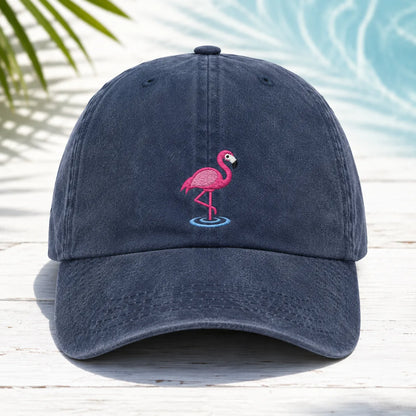 Pink Flamingo Embroidered Washed Cotton Cap - washed cap - detail