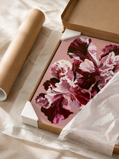 Pink Ruffled Petals Art Print - Wall Art Decor - close-up - burgundy floral wall art, pink flower poster