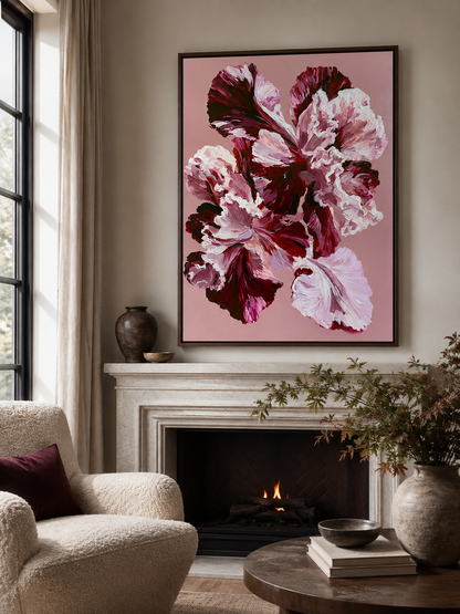 Pink Ruffled Petals Art Print - Wall Art Decor - alternate angle - burgundy floral wall art, pink flower poster