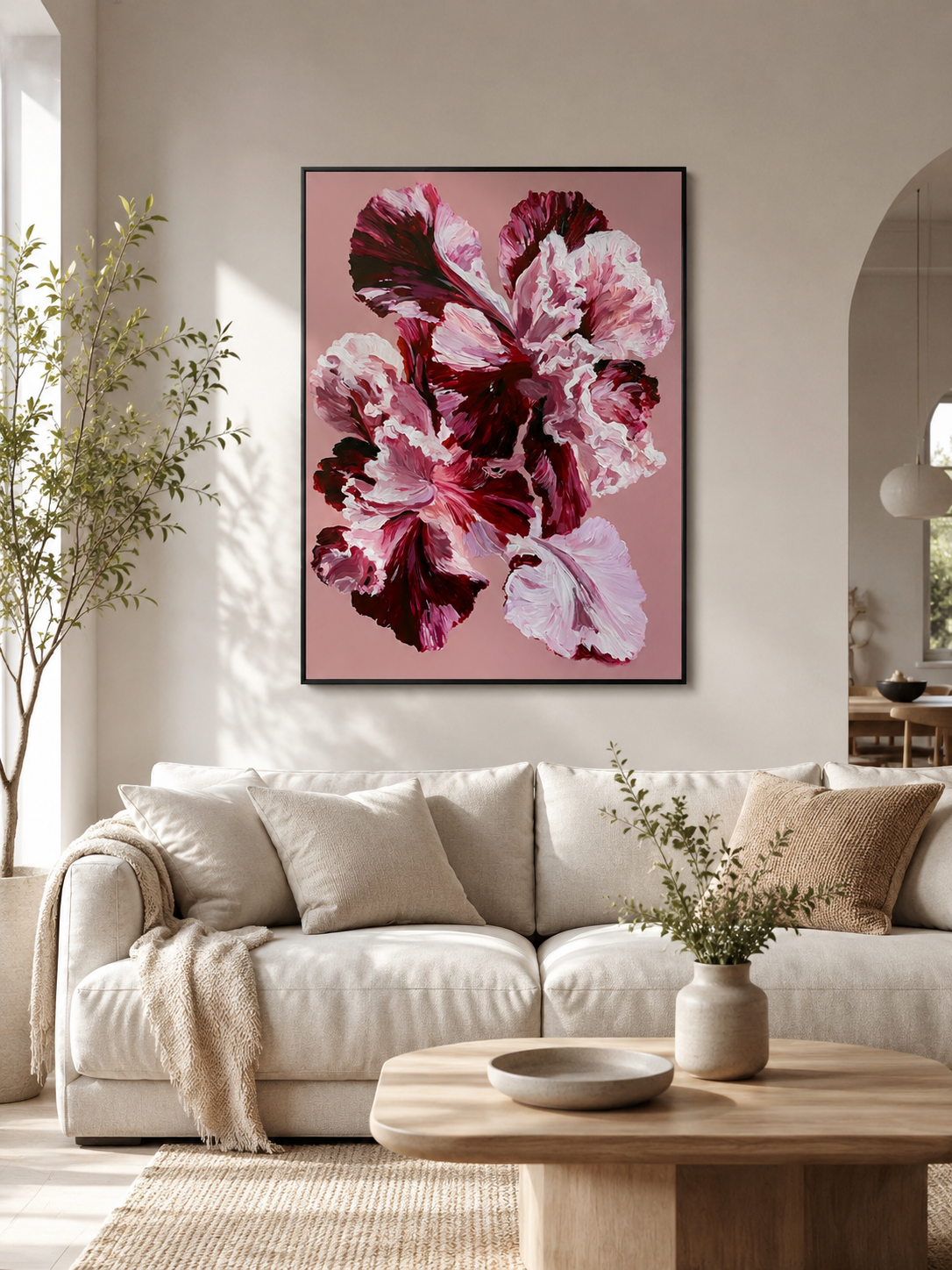 Pink Ruffled Petals Art Print - Wall Art Decor - detail view - burgundy floral wall art, pink flower poster
