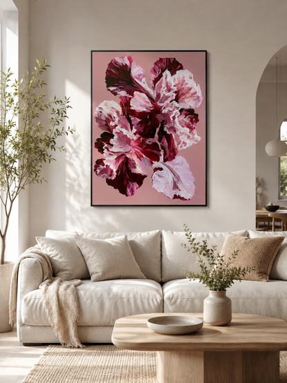 Pink Ruffled Petals Art Print - Wall Art Decor - detail view - burgundy floral wall art, pink flower poster