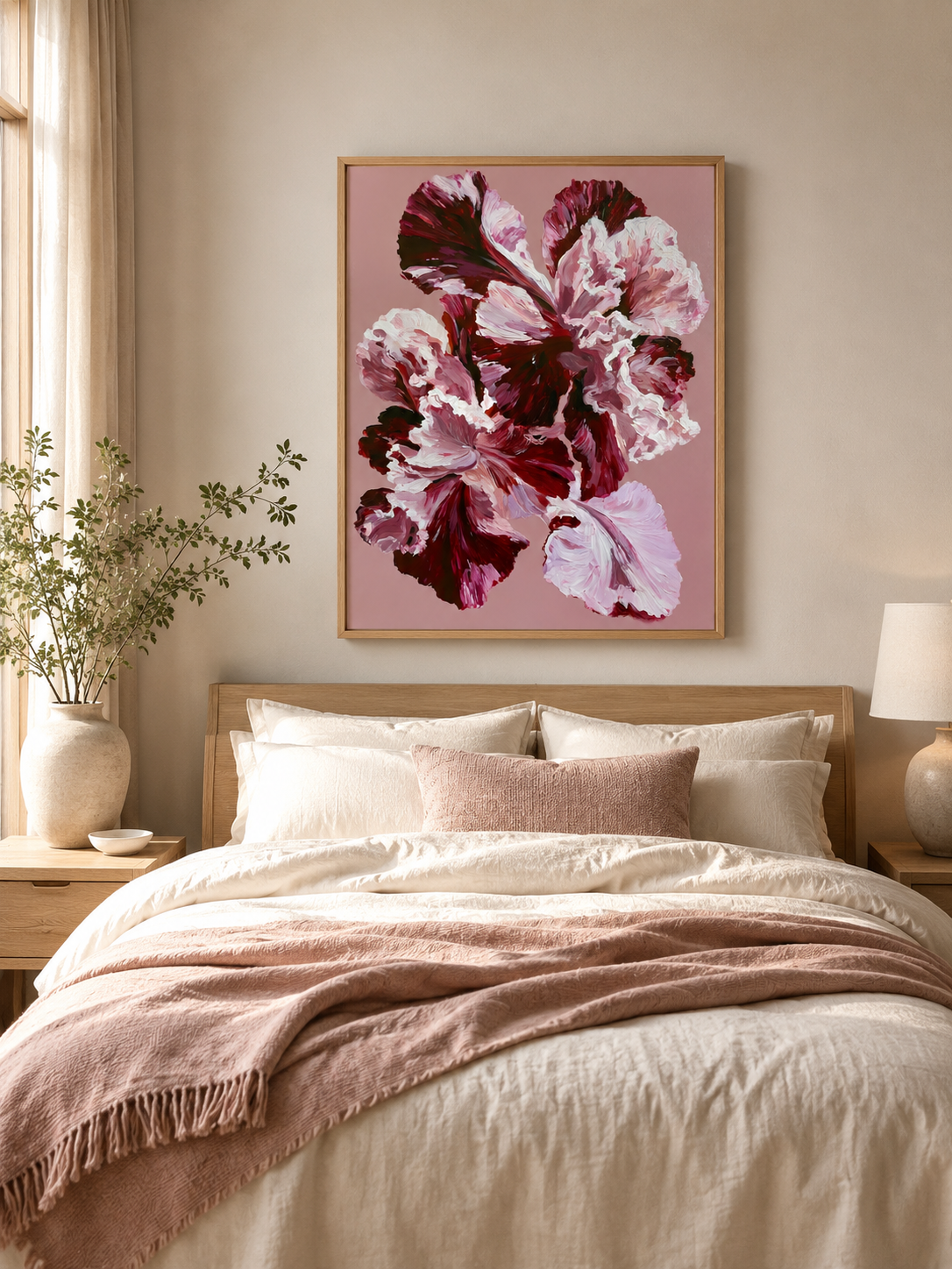 Pink Ruffled Petals Art Print - Wall Art Decor - lifestyle shot - burgundy floral wall art, pink flower poster
