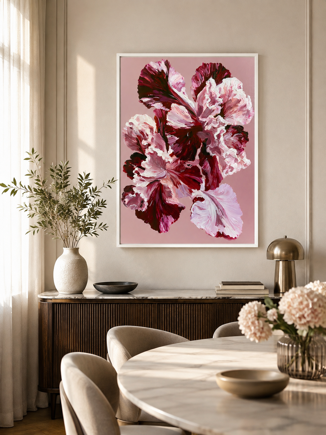 Pink Ruffled Petals Art Print - Wall Art Decor - close-up - burgundy floral wall art, pink flower poster