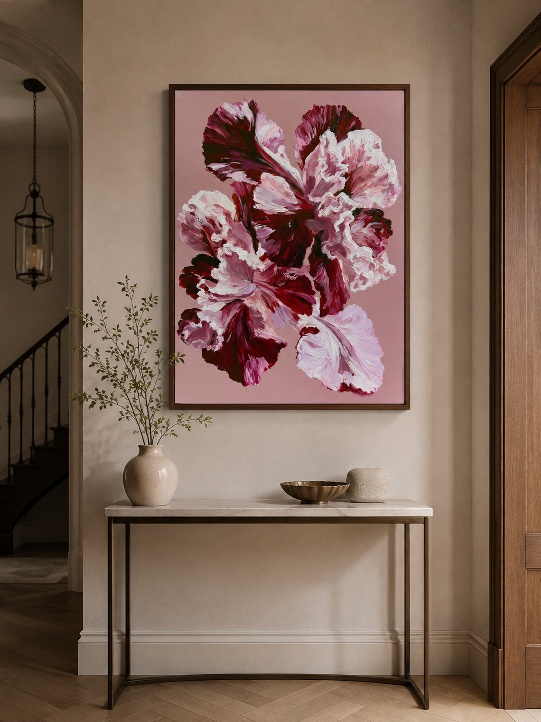 Pink Ruffled Petals Art Print - Wall Art Decor - alternate angle - burgundy floral wall art, pink flower poster
