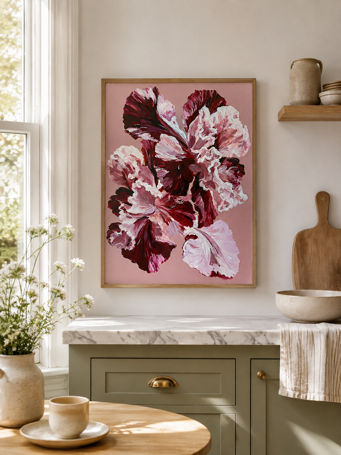 Pink Ruffled Petals Art Print - Wall Art Decor - packaging - burgundy floral wall art, pink flower poster