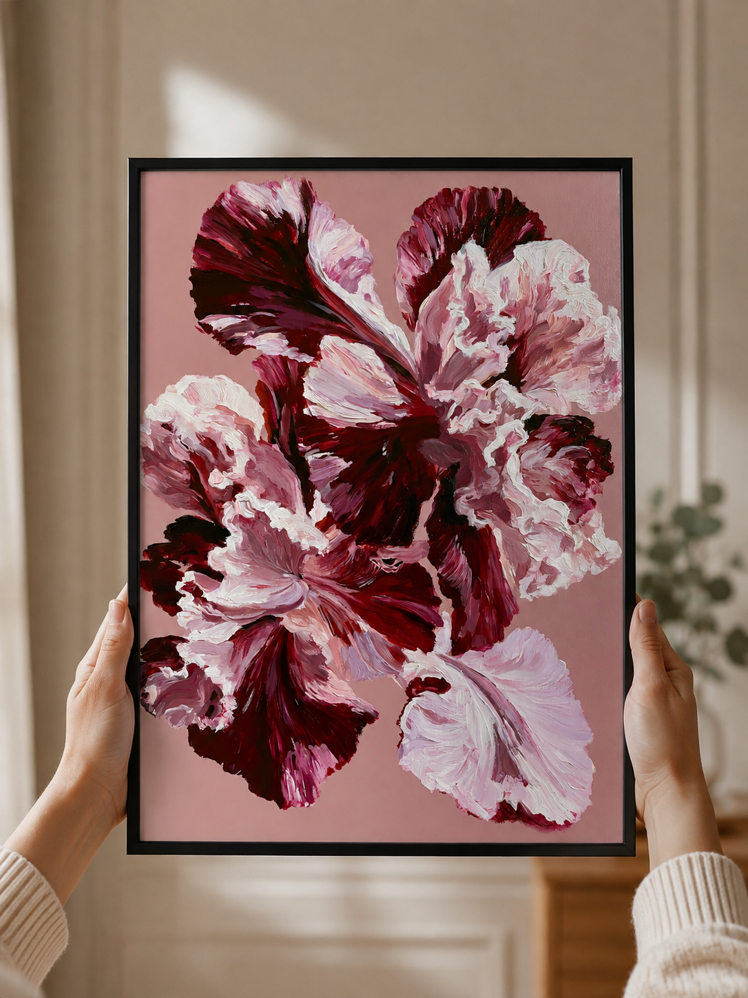 Pink Ruffled Petals Art Print - Wall Art Decor - front view - burgundy floral wall art, pink flower poster