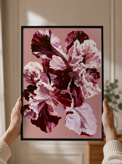 Pink Ruffled Petals Art Print - Wall Art Decor - front view - burgundy floral wall art, pink flower poster