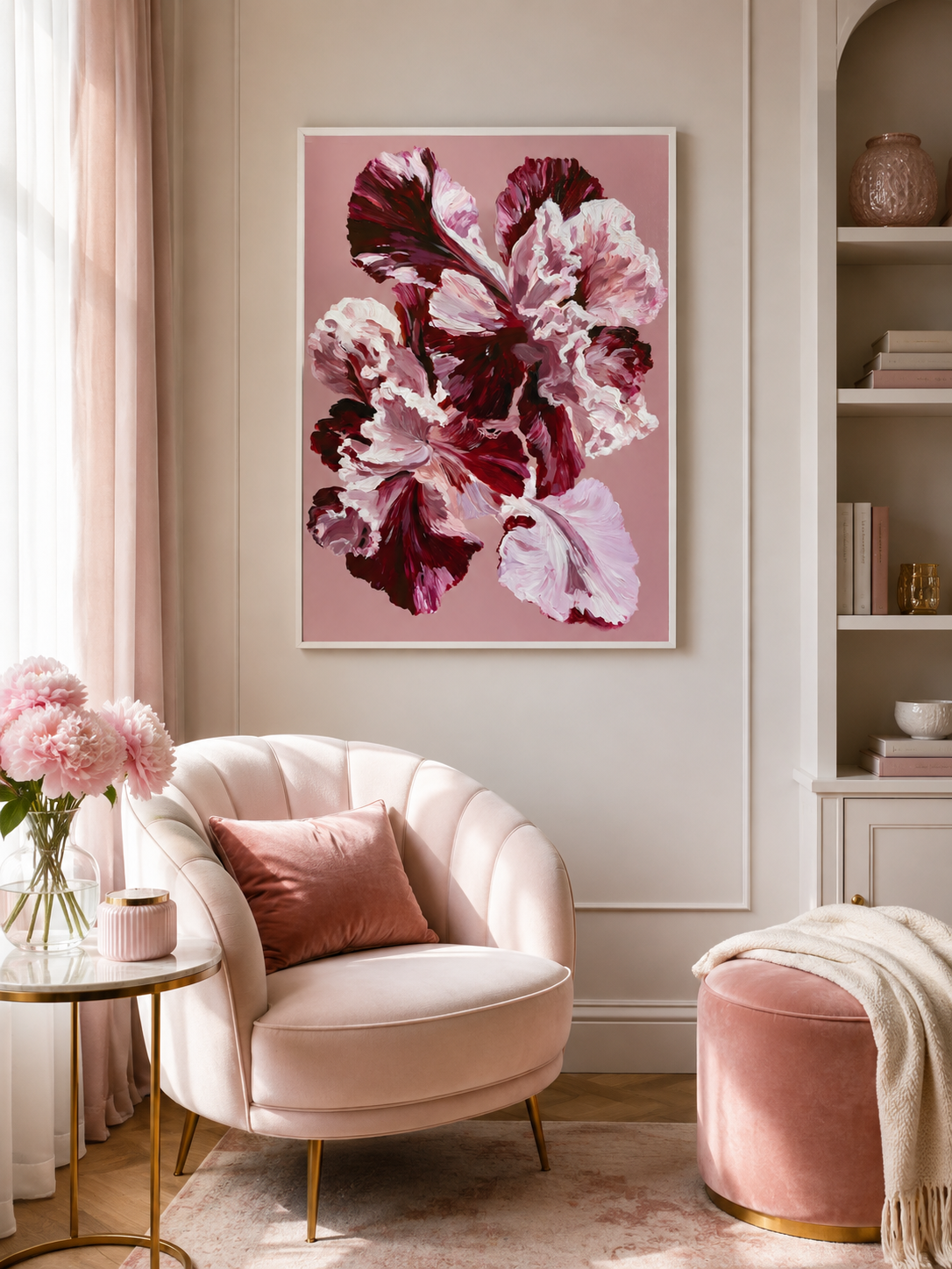 Pink Ruffled Petals Art Print - Wall Art Decor - detail view - burgundy floral wall art, pink flower poster