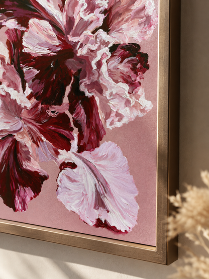 Pink Ruffled Petals Art Print - Wall Art Decor - lifestyle shot - burgundy floral wall art, pink flower poster
