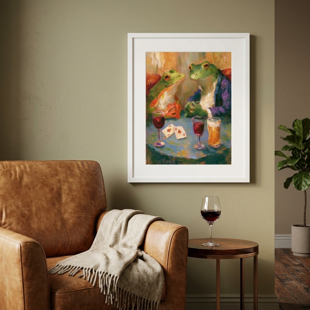 A framed art print depicting two anthropomorphic frogs playing with cards and wine glasses, hanging on a beige wall above a brown leather armchair with a throw blanket and a side table with a wine glass.
