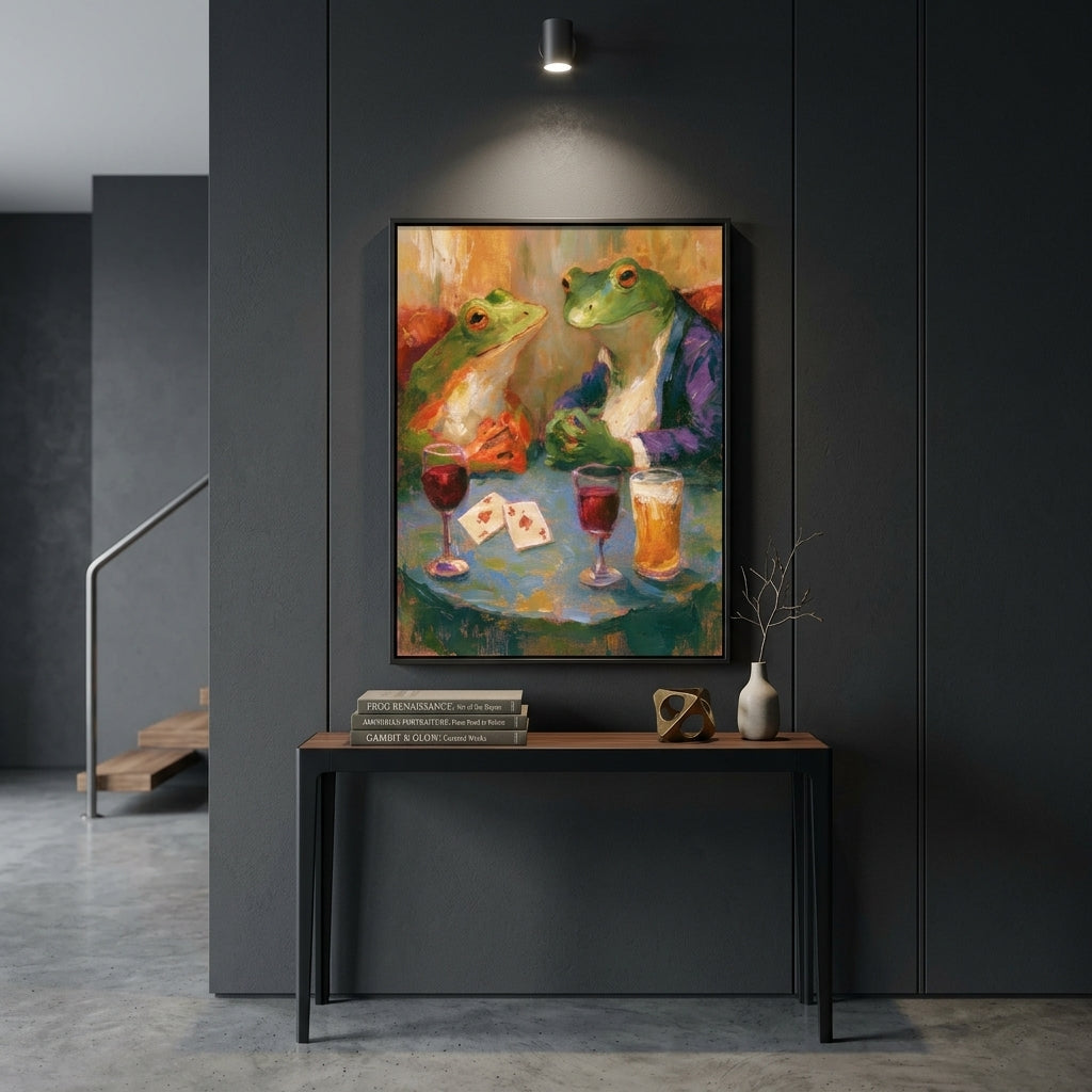 A framed colorful painting of two green frogs sitting at a table with drinks and playing cards, displayed on a dark gray paneled wall above a console table in a modern interior setting.