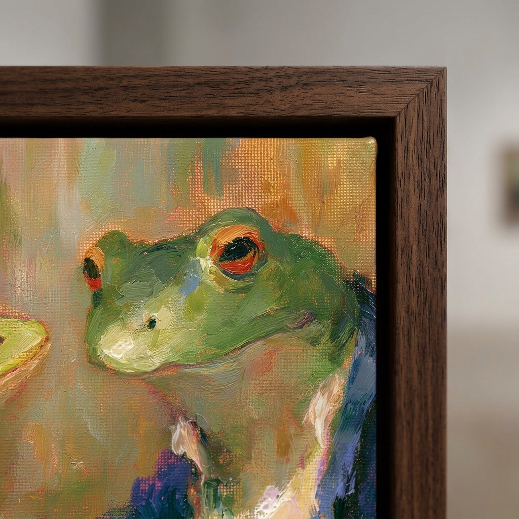 A close-up of a framed painting showing a green frog with red eyes on a textured canvas, set in a dark brown wooden frame against a softly blurred light gray background.