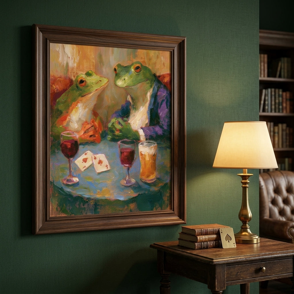 A framed painting of two green frogs playing cards at a table with drinks, displayed on a dark green wall above a wooden side table with a lit lamp and books.