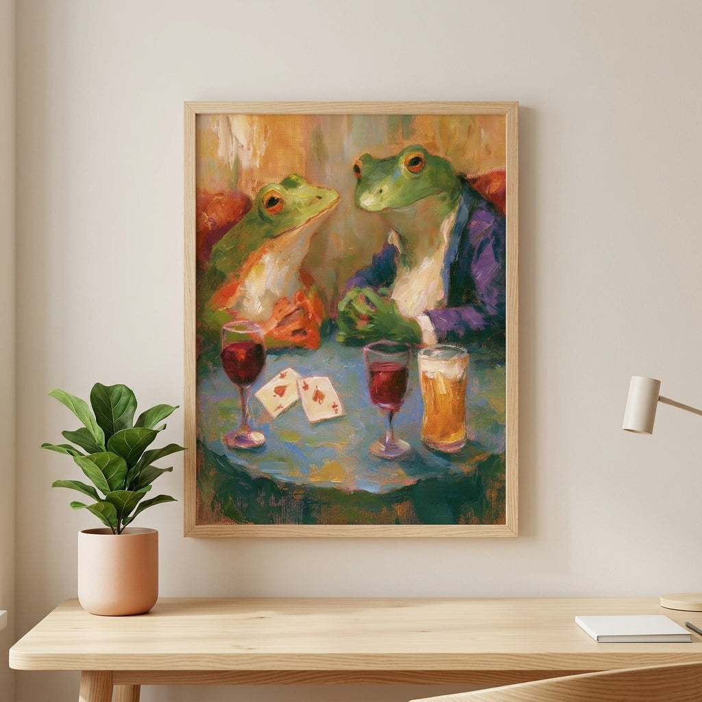 A framed art print depicting two green frogs dressed in suits playing cards at a table with drinks, hanging on a beige wall above a wooden desk with a potted plant and a lamp.