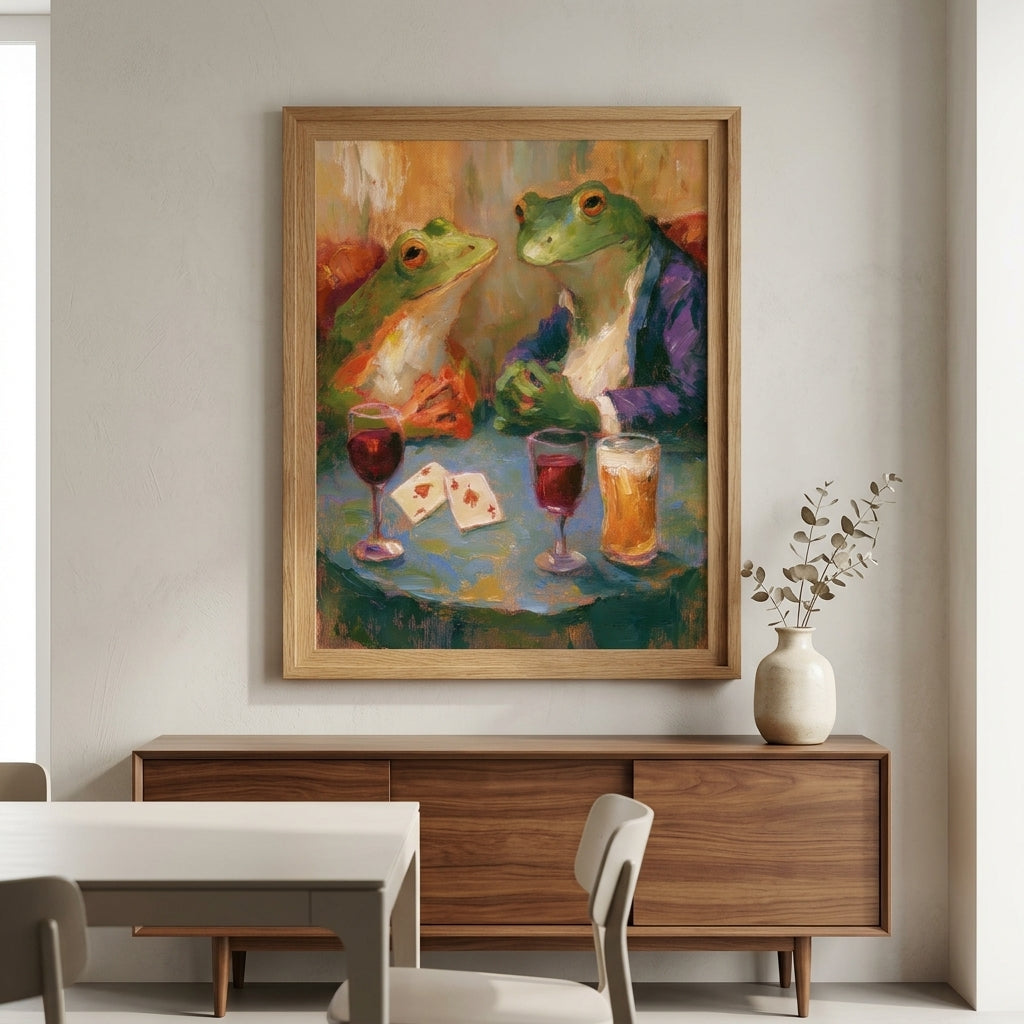 A framed painting of two frogs sitting at a table with wine glasses, cards, and a drink, displayed on a light gray wall above a wooden sideboard in a dining room setting.
