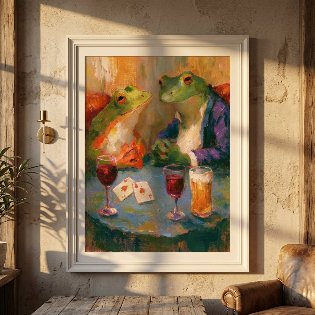 A framed art print depicting two frogs in suits playing cards at a table with drinks, hung on a textured beige wall in a styled room setting.