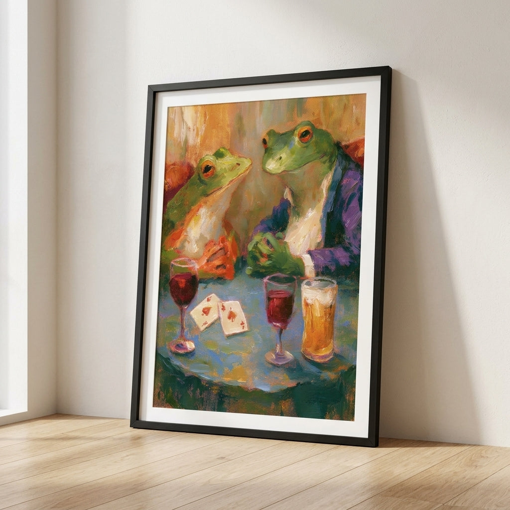 A framed art print leaning against a wall on a light wood floor. The print shows two green frogs seated at a table with drinks and playing cards, rendered in a painterly, colorful style.