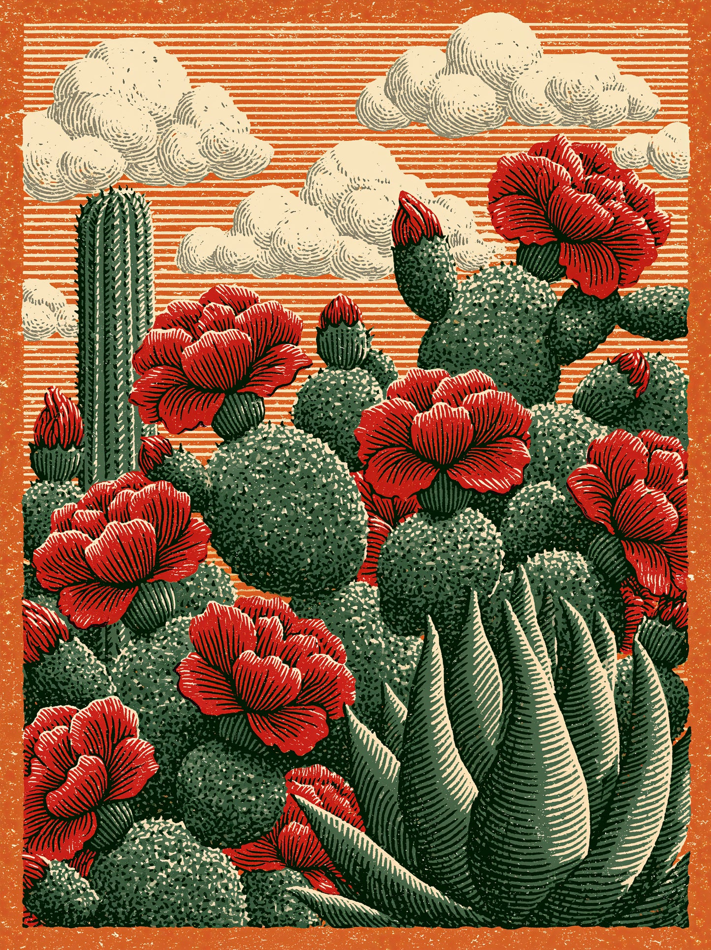 Affiche Cactus Fleurs Rouges - Wall Art Decor - front view - prickly pear art print, mexican cactus wall art