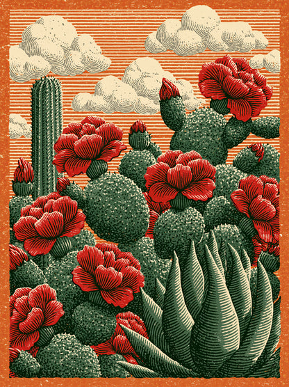Affiche Cactus Fleurs Rouges - Wall Art Decor - front view - prickly pear art print, mexican cactus wall art