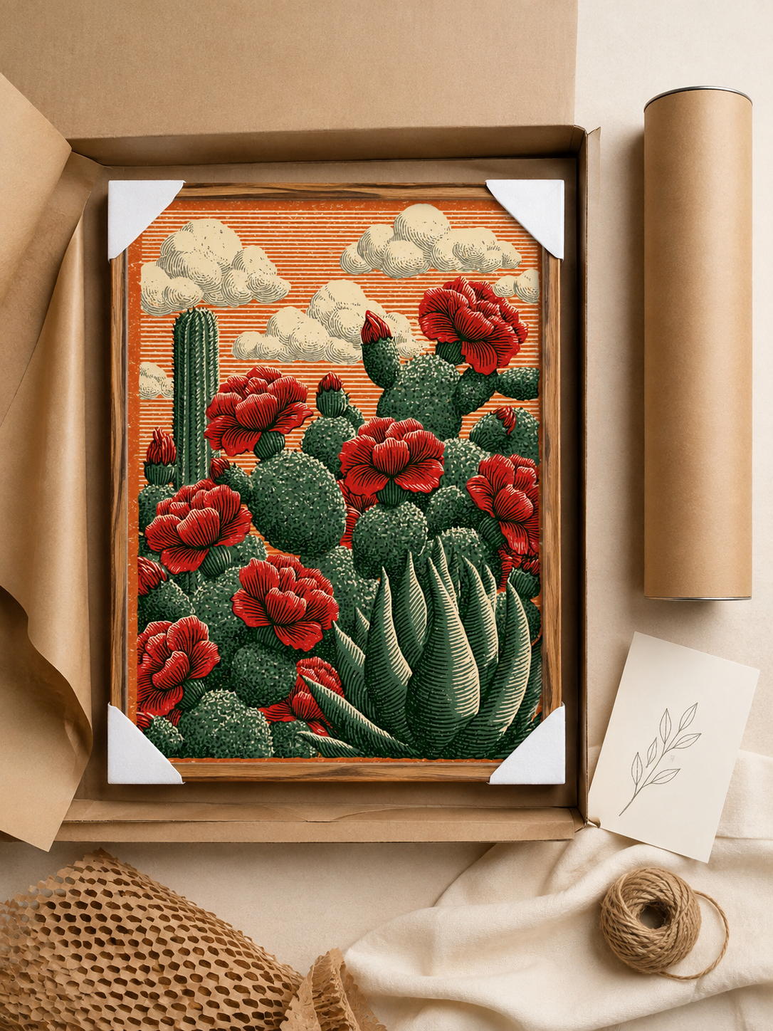 Affiche Cactus Fleurs Rouges - Wall Art Decor - close-up - prickly pear art print, mexican cactus wall art