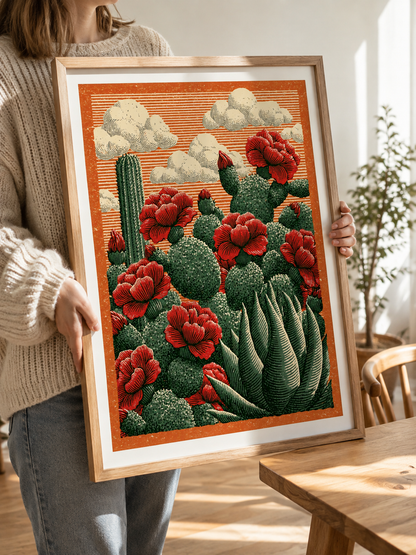Affiche Cactus Fleurs Rouges - Wall Art Decor - alternate angle - prickly pear art print, mexican cactus wall art