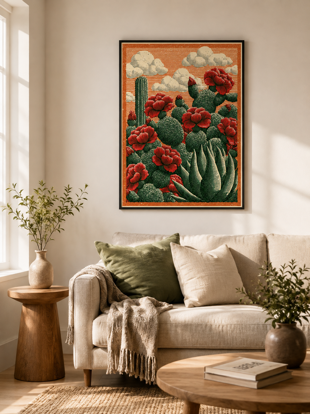 Affiche Cactus Fleurs Rouges - Wall Art Decor - detail view - prickly pear art print, mexican cactus wall art