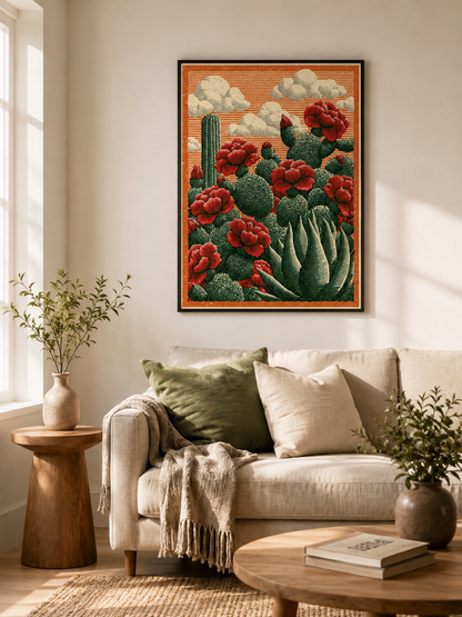 Affiche Cactus Fleurs Rouges - Wall Art Decor - detail view - prickly pear art print, mexican cactus wall art