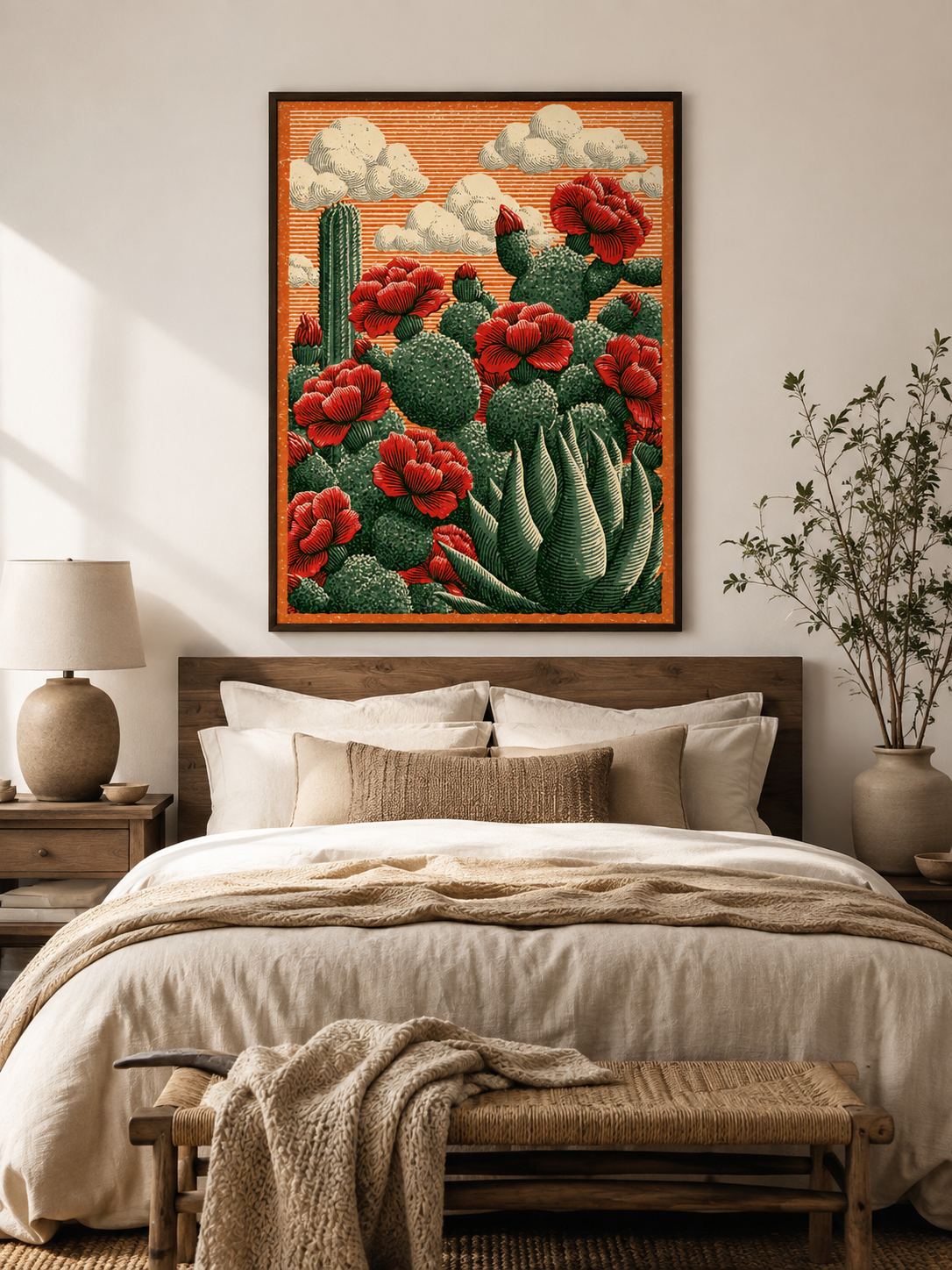 Affiche Cactus Fleurs Rouges - Wall Art Decor - lifestyle shot - prickly pear art print, mexican cactus wall art
