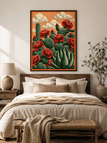 Affiche Cactus Fleurs Rouges - Wall Art Decor - lifestyle shot - prickly pear art print, mexican cactus wall art