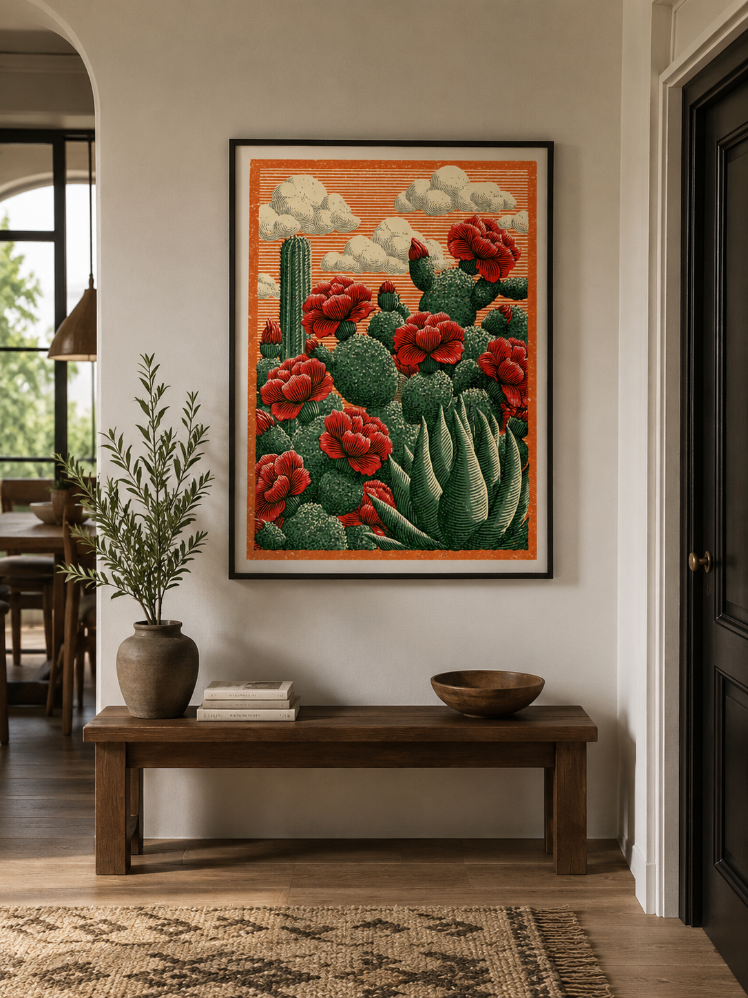 Affiche Cactus Fleurs Rouges - Wall Art Decor - close-up - prickly pear art print, mexican cactus wall art