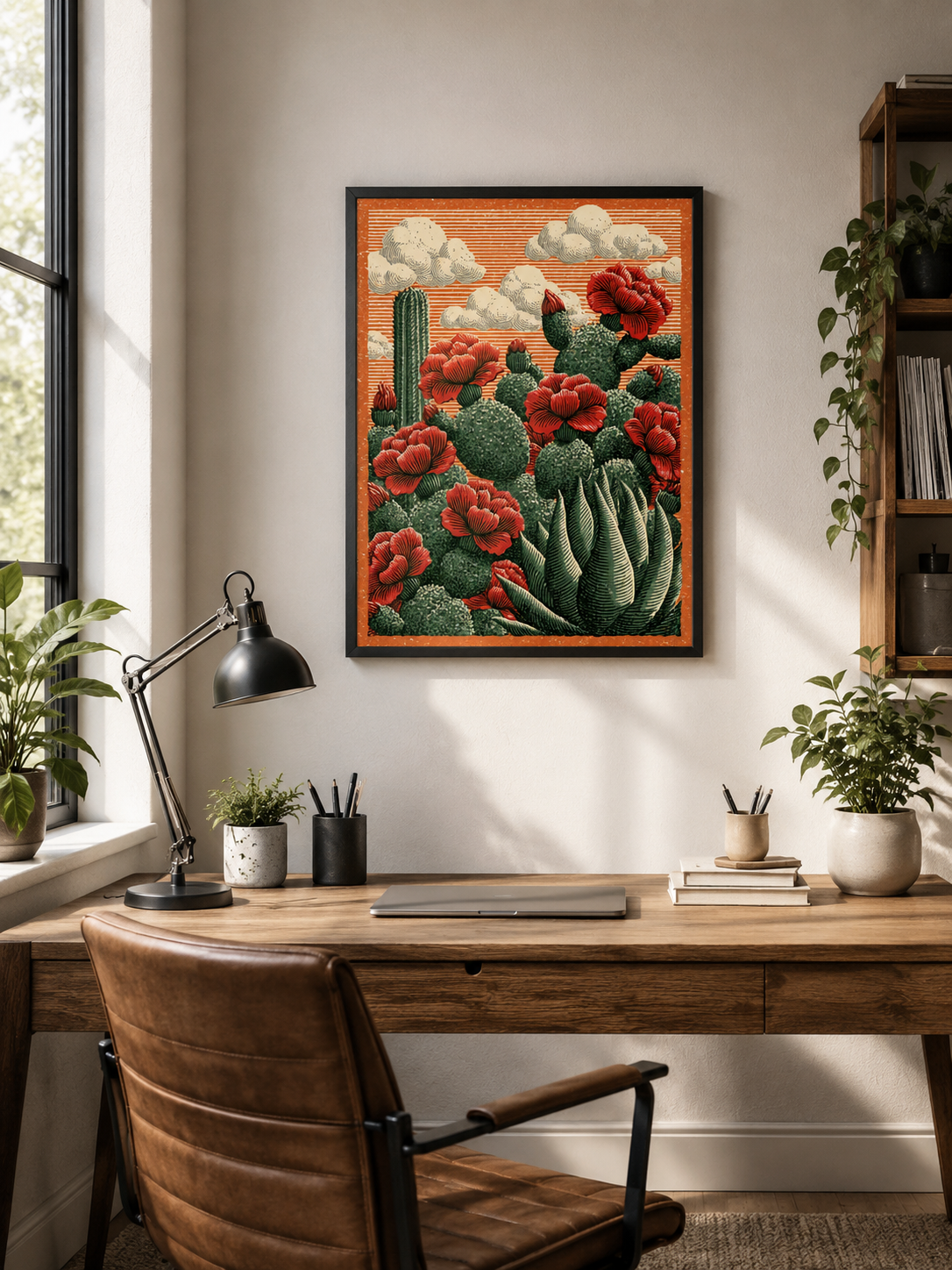 Affiche Cactus Fleurs Rouges - Wall Art Decor - alternate angle - prickly pear art print, mexican cactus wall art